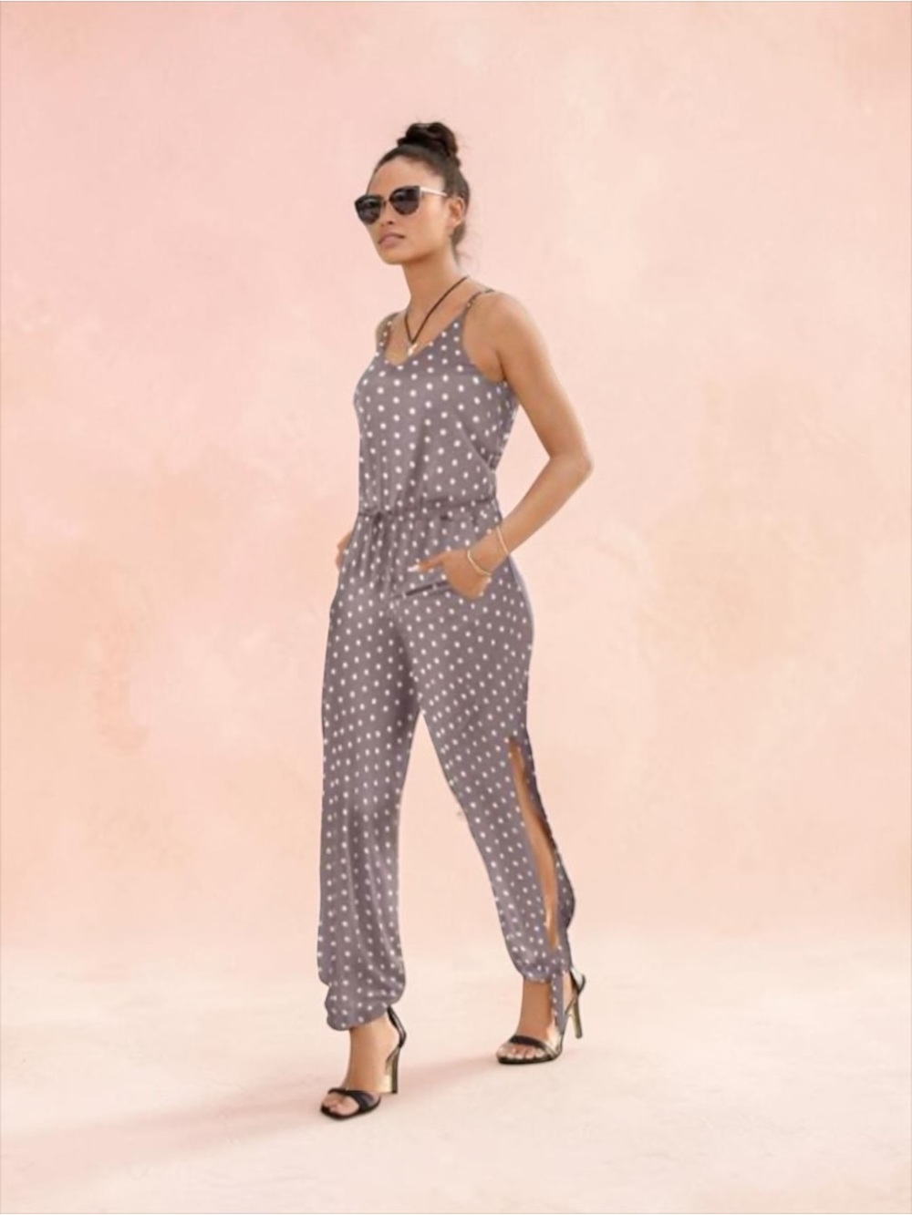 VENUS Gray Polka Dot Sleeveless Jumpsuit